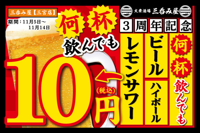 【大好評企画！生ビール・ハイボール・レモンサワーが何杯飲んでも1杯10円】オープン3周年を記念して「大衆酒場 三呑み屋 三宮店」にて11月5日(火)～14日(木)の期間限定で実施のメイン画像